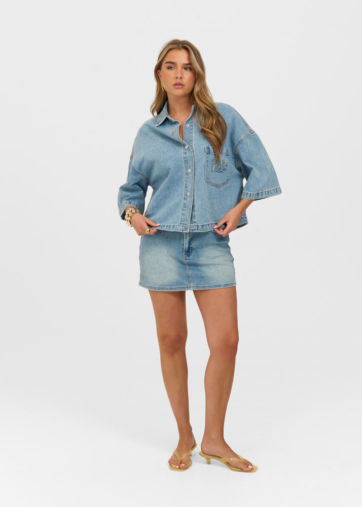 Denim logo blouse korte mouw