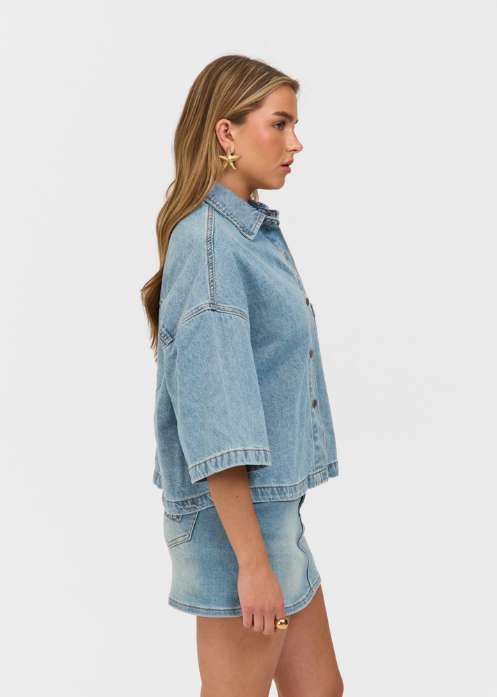 Denim logo blouse korte mouw