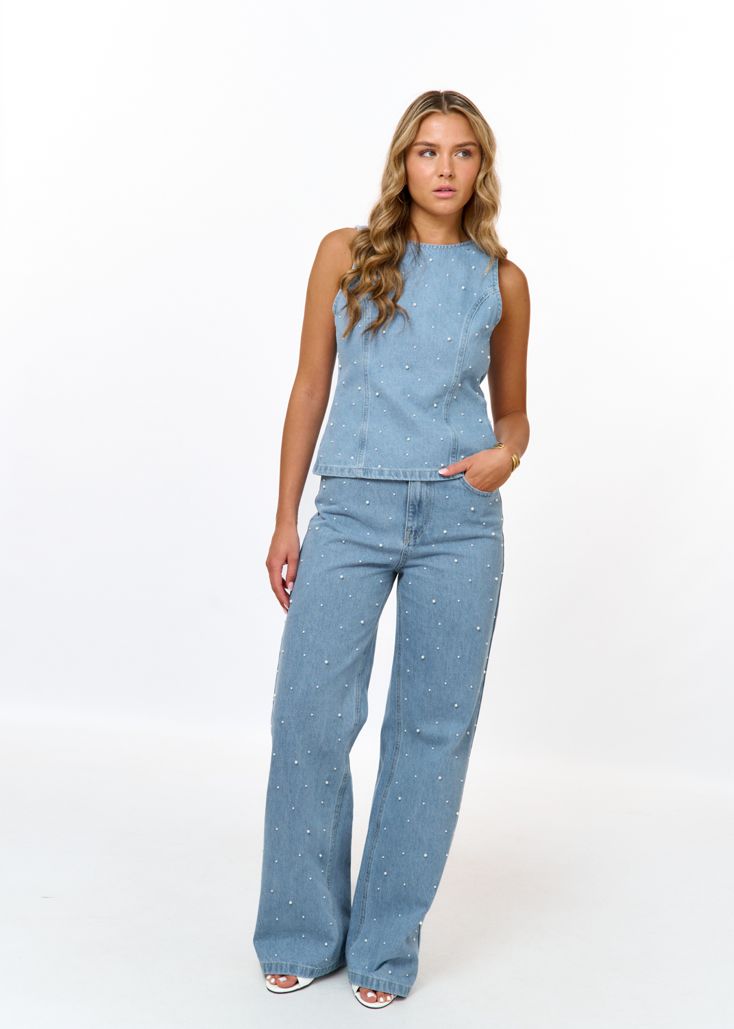 Alexis parel denim top blauw