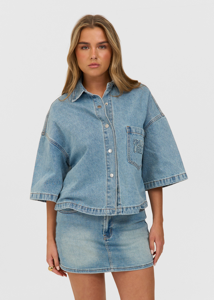 Denim logo blouse korte mouw
