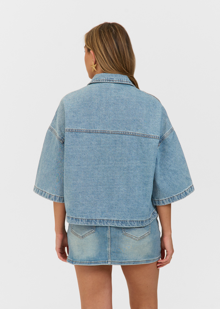 Denim logo blouse korte mouw