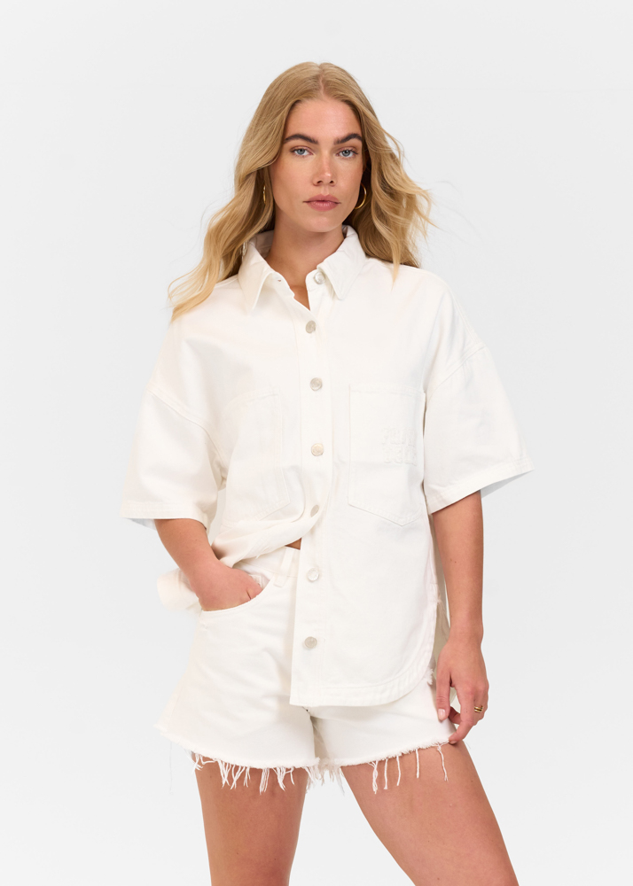 Oversized denim blouse korte mouw