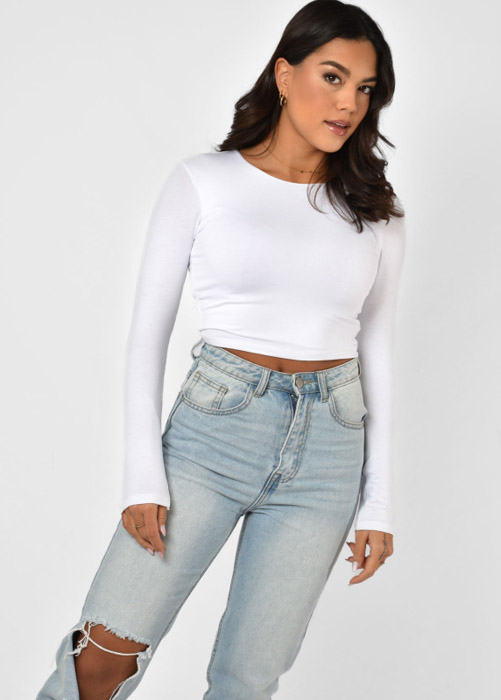 Schuine streep pizza tiener Witte cropped top lange mouw | Tops | tess v