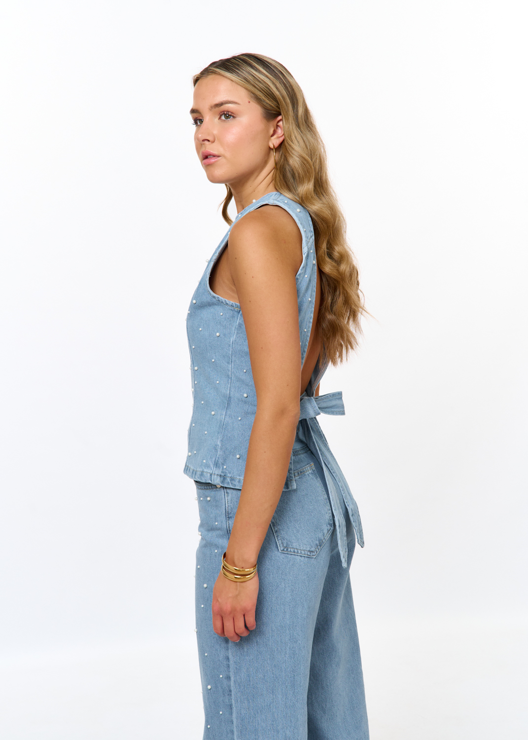 Alexis parel denim top blauw