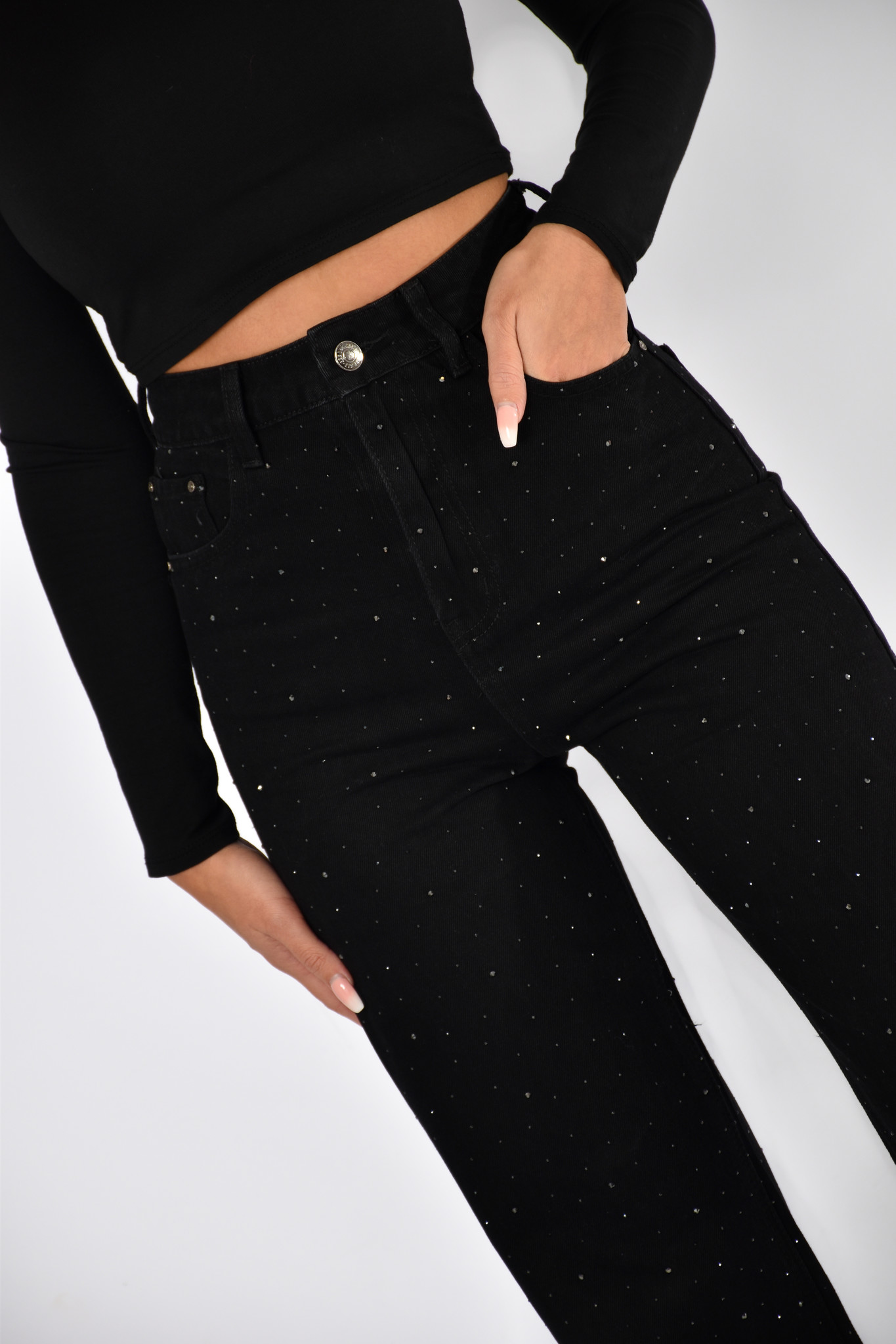 salon Intrekking Glimp Zwarte wide leg jeans met stras glitters | Dames jeans | tess v