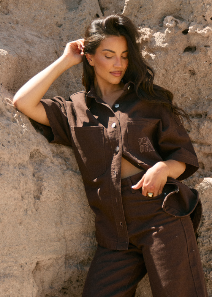 Oversized denim blouse korte mouw