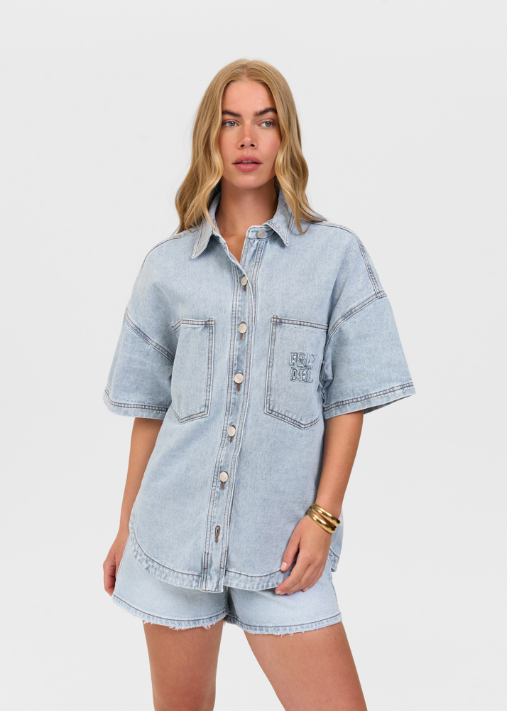 Oversized denim blouse korte mouw