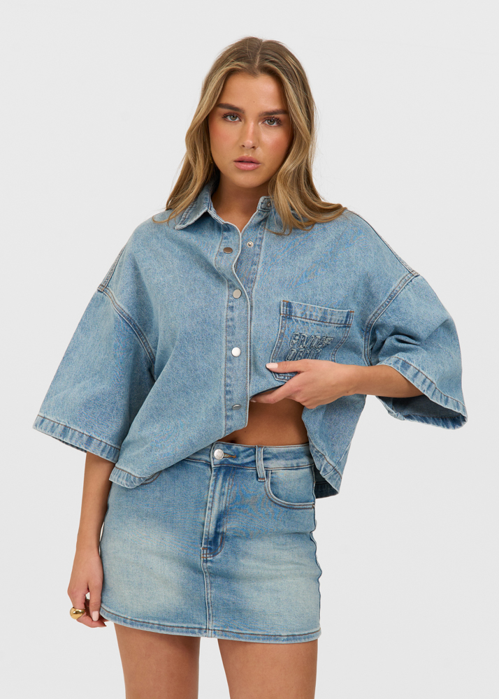 Denim logo blouse korte mouw