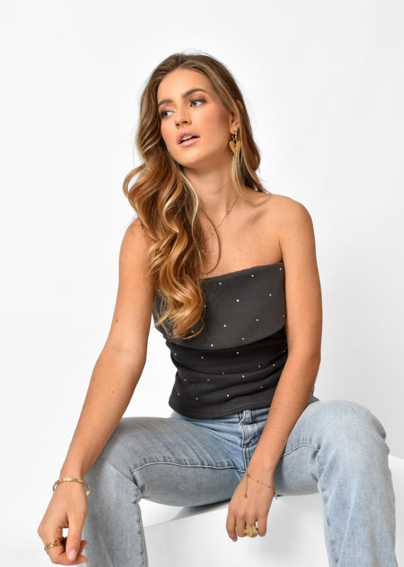 Ella strass top grijs